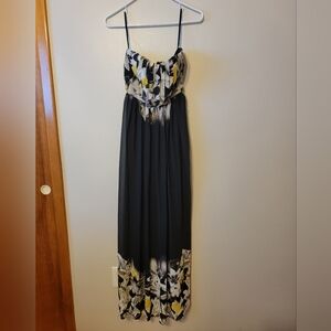Strapless Black White and Yellow Floral Maxi Dress